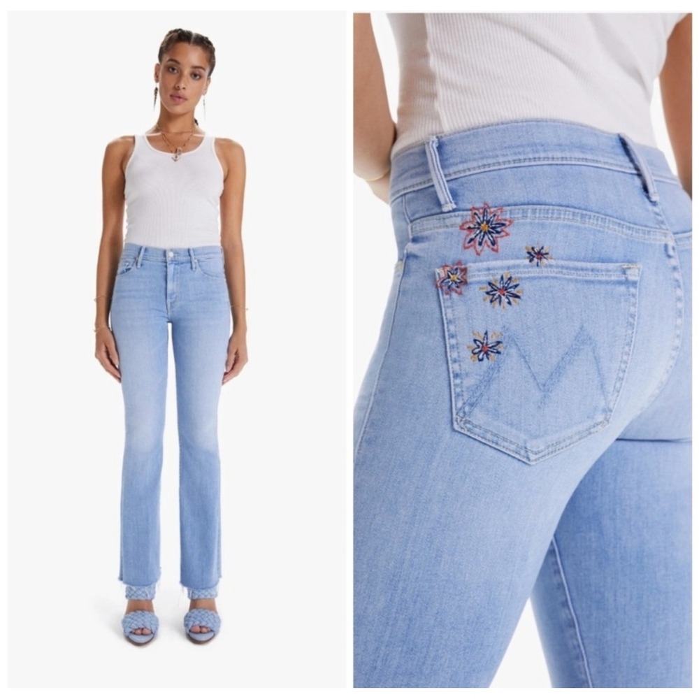 Mother The Weekender Fray Crafty Side Embroidered Flare Jeans 25 Light Blue boho